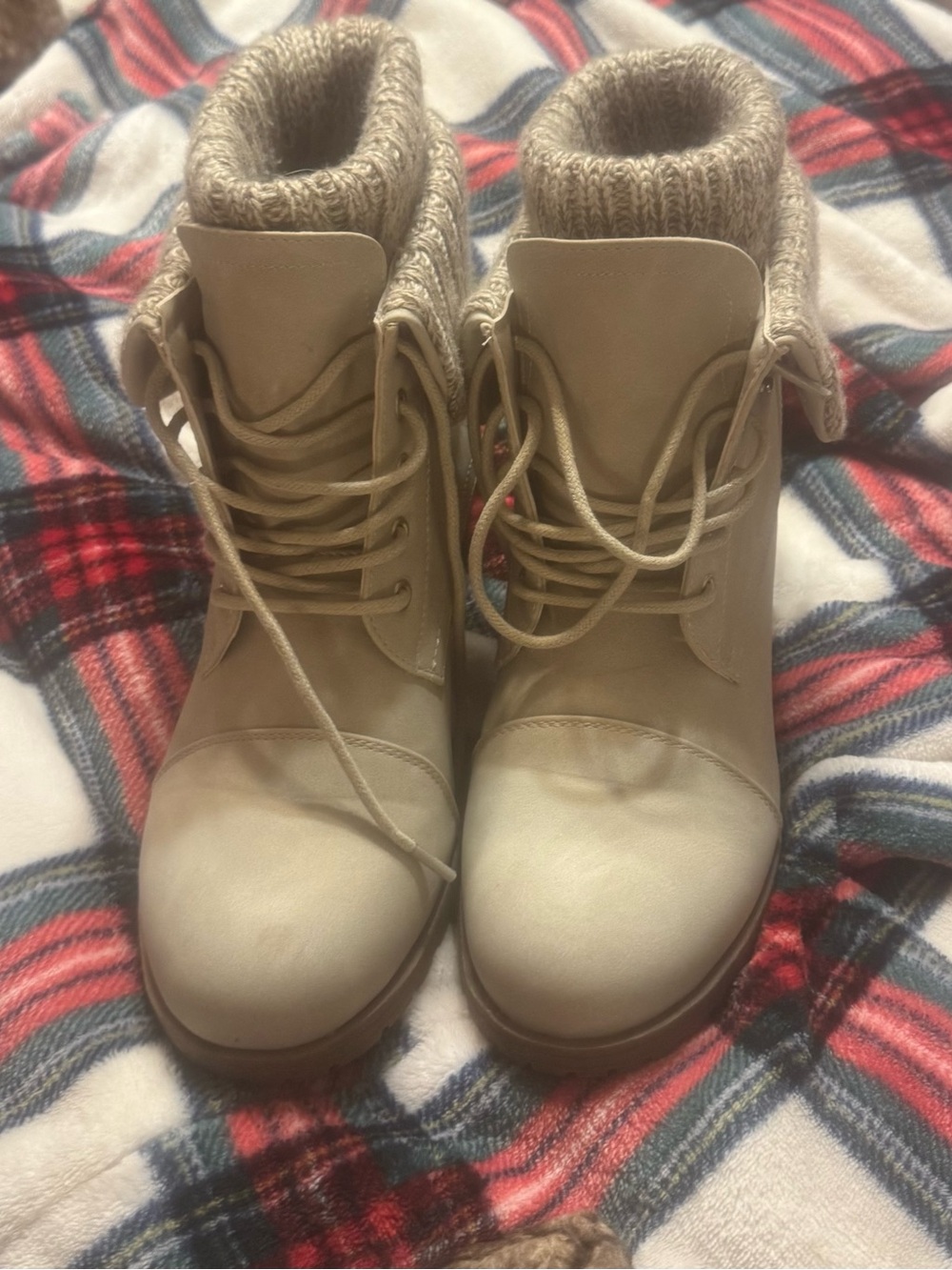 Women's Knit-Cuff Lace-Up Ankle Booties in Beige